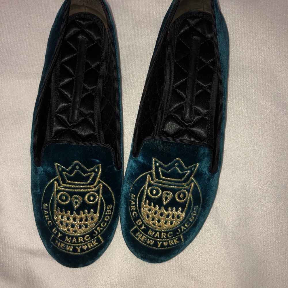 Marc by Marc Jacobs velvet teal loafer.